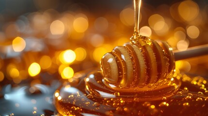 Honey dripping from a wooden honey dipper on honeycombs, on a golden bokeh background - obrazy, fototapety, plakaty