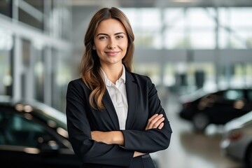 Confident female sales associate posing in a modern car showroom, representing professionalism and trust