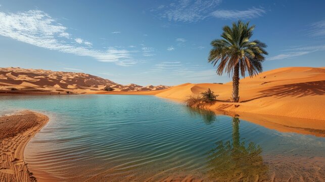 A lone palm tree stands sentinel beside a crystal-clear pool of water, surrounded by golden sand dunes