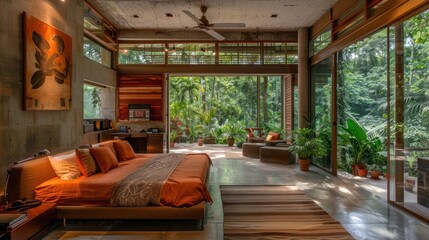 Obraz na płótnie Canvas A modern contemporary loft-style bedroom with a view of a tropical garden