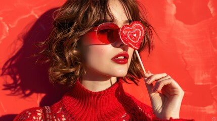 A joyful young lady holding a heart-shaped lollipop over her eye with a red background - 744692737