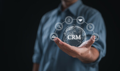 Concept Successful CRM Implementation : Businessman Using Technology for Effective Customer...
