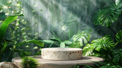 A natural stone and concrete podium set against a lush green backdrop, perfect for showcasing packaging products