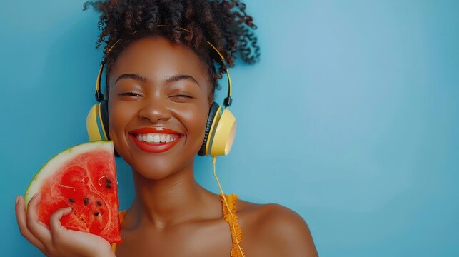 chic woman in headphones enjoying music, playfully sending a kiss while holding a fresh slice of watermelon
