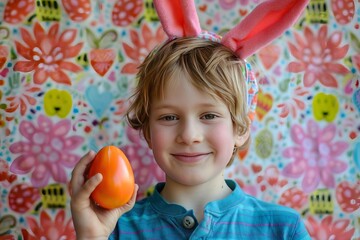 Fototapeta na wymiar A charming young boy wearing bunny ears, holding an Easter egg against a colorful background.