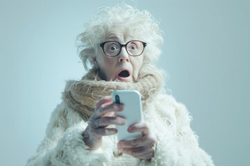 surprised aged woman with telephone - obrazy, fototapety, plakaty