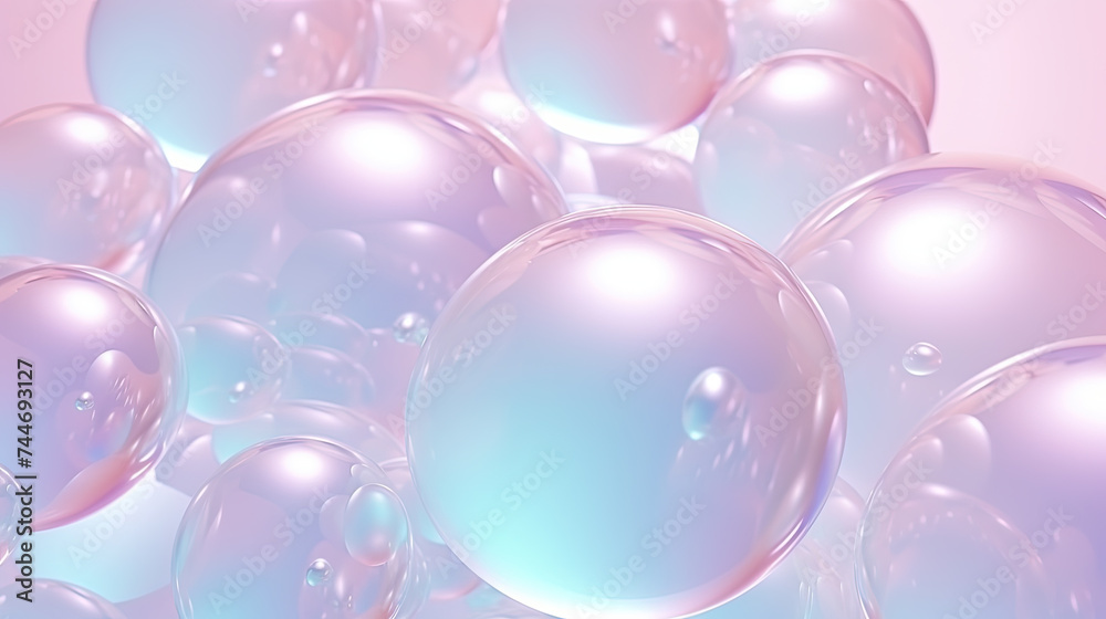 Poster abstract background with soft bubbles in pink and blue light. holographic bubbles backdrop.