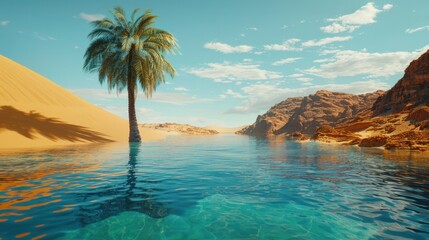 Fototapeta na wymiar A solitary palm tree stands guard beside a crystal-clear pool, embraced by golden sand dunes.