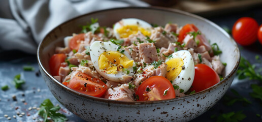 Tuna salad with cherry tomatoes, eggs and parsley in a wooden bowl - obrazy, fototapety, plakaty