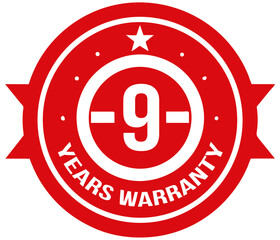 Red 9 years Warranty rubber stamp label, warranty badge