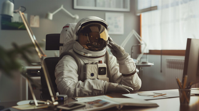 Astronaut in a Modern Office Setting, Contemplating Work, a Metaphor for Strategic Thinking and Planning