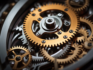 Macro photography captures the texture and tiny details of interconnected mechanical gears.
