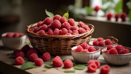Fototapeta na wymiar A basket of raspberries is placed on a table, with several cups filled with raspberry desserts nearby. The cups are accompanied by leaves and stems from the berries, adding to the presentation. There 
