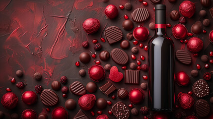 Beautiful romantic dark red background with an unlabeled wine bottle and chocolate candies with space, Ai generated image
