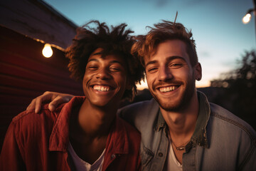 Inter-racial best friends, Black and White men smiling. - obrazy, fototapety, plakaty