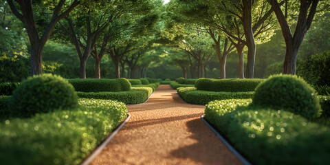 A garden with minimalist paths and sculpted bushes