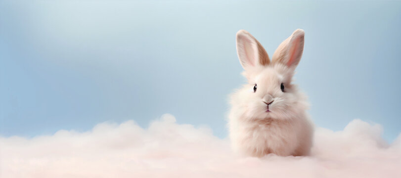 White fluffy easter bunny close up on blue background