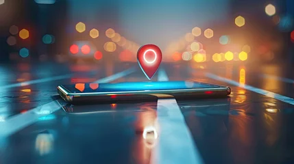 Foto op Canvas Mobile map navigation technology. Point on smartphone with GPS navigation icon and map on blur traffic road abstract background © Ilmi