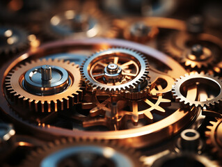 Macro photography captures the texture and tiny details of interconnected mechanical gears.