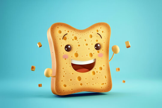 cartoon bread character, isolated against a soothing blue background. smile and warm presence, this cute bread illustration adds a touch of whimsy to any design. Perfect for a sense of comfort and joy
