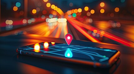 Mobile map navigation technology. Point on smartphone with GPS navigation icon and map on blur traffic road abstract background