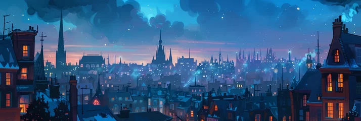 Foto op Canvas Night City Landscape Background Panorama Concept Drawing image HD Print 15232x5120 pixels. Neo Game Art V10 24 © Neo Game Art