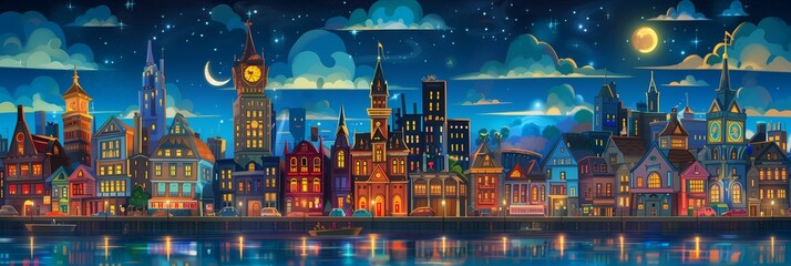 Night City Landscape Background Panorama Concept Drawing image HD Print 15232x5120 pixels. Neo Game Art V10 25