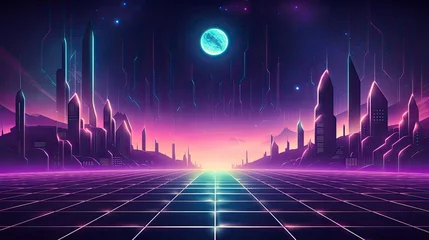 Foto op Plexiglas Retro cyberpunk style background. Sci-Fi background. Neon light grid landscapes. 80s, 90s. banner design. city and skyscrapers with neon futuristic technology background  © Ilmi