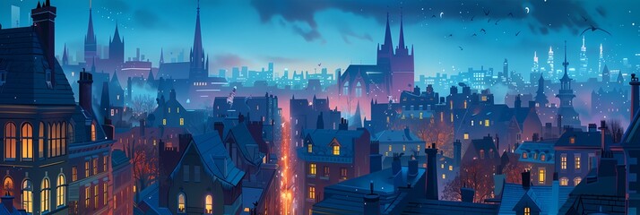 Night City Landscape Background Panorama Concept Drawing image HD Print 15232x5120 pixels. Neo Game Art V10 21