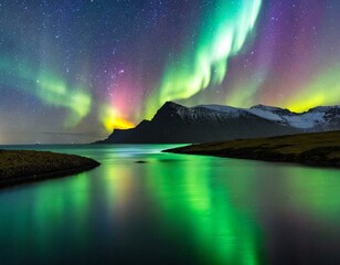 Aurora boreal en paisaje invernal - obrazy, fototapety, plakaty