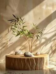 Serene Zen Garden Display with Bamboo and Stones on Wooden Podium