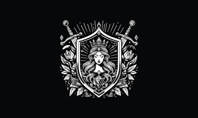Shield, sword queen, crown, leaves logo design, gaming logo 