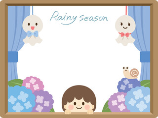 梅雨_子供が覗く窓のフレーム