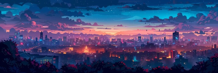 Night City Landscape Background Panorama Concept Drawing image HD Print 15232x5120 pixels. Neo Game Art V10 12