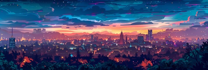 Night City Landscape Background Panorama Concept Drawing image HD Print 15232x5120 pixels. Neo Game Art V10 7