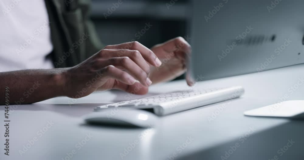 Poster Business hands, typing on keyboard and night research for information technology, programming and software update. Person or programmer on computer in office with cybersecurity management or website