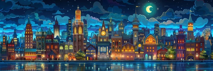 Foto op Canvas Night City Landscape Background Panorama Concept Drawing image HD Print 15232x5120 pixels. Neo Game Art V10 5 © Neo Game Art