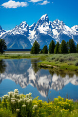 Fototapeta na wymiar Panoramic View of Pristine Landscape: Serene Lake, Verdant Plains and Majestic Mountain Peaks