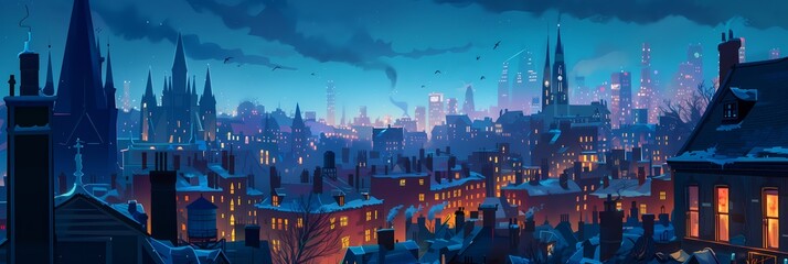 Night City Landscape Background Panorama Concept Drawing image HD Print 15232x5120 pixels. Neo Game Art V10 1