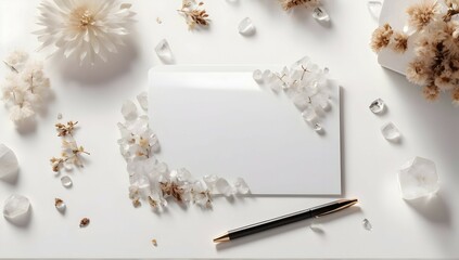 stationery mockup, white square card, large circle sticker, detailed white quartz crystals, dried flowers in the background, 3D, white, light shadows, lots of detail, bright background
