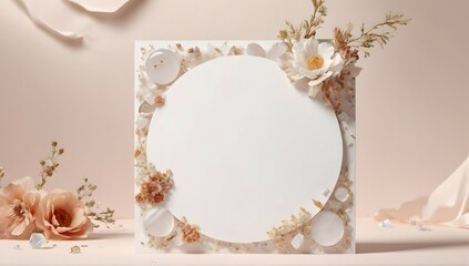 Let your creativity shine with this diverse stationery mockup, showcasing a white square card and a large circle sticker, complemented by intricate white quartz crystals and dried flowers.