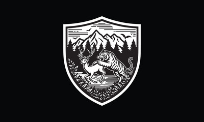 shield with tiger, deer, tiger catching deer, deer attacking deer, hunting logo, animal logo, mountain, forest, trees, grass 