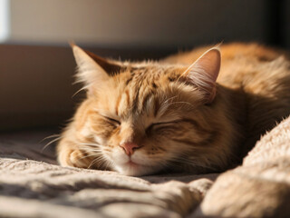 An orange tabby cat sleeps on a soft bed. With soft sunlight, AI is born.