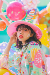 Beautiful asian woman in colorful dress and hat with colorful balloons