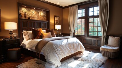 Elegant Traditional Bedroom with Rich Wooden Furnishings and Autumnal View