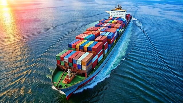 Aerial view container cargo ship maritime carrying container, Global business import export logistic freight shipping transportation international by container cargo ship, Container fright shipping. 