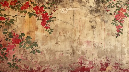 Vintage traditional Japanese painting,Cherry Blossom - Sakura . Painting on old paper. Generative AI.