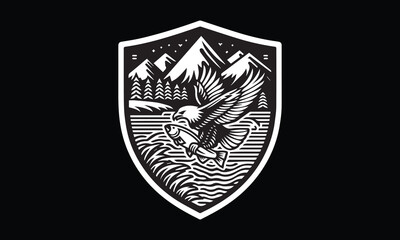 Shield with eagle, mountain, river, fish,trees logo design, eagle flying, eagle catching fish 