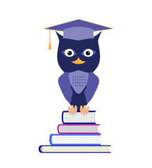 Wise owl in graduation cap sitting on a pile of books. Owl cartoon character in master hat. Back to school jpeg illustration