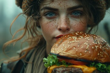 A red-haired woman with a sprinkle of freckles savors every bite of her juicy buffalo cheeseburger, embracing the all-american experience of indulging in a fast food favorite - obrazy, fototapety, plakaty